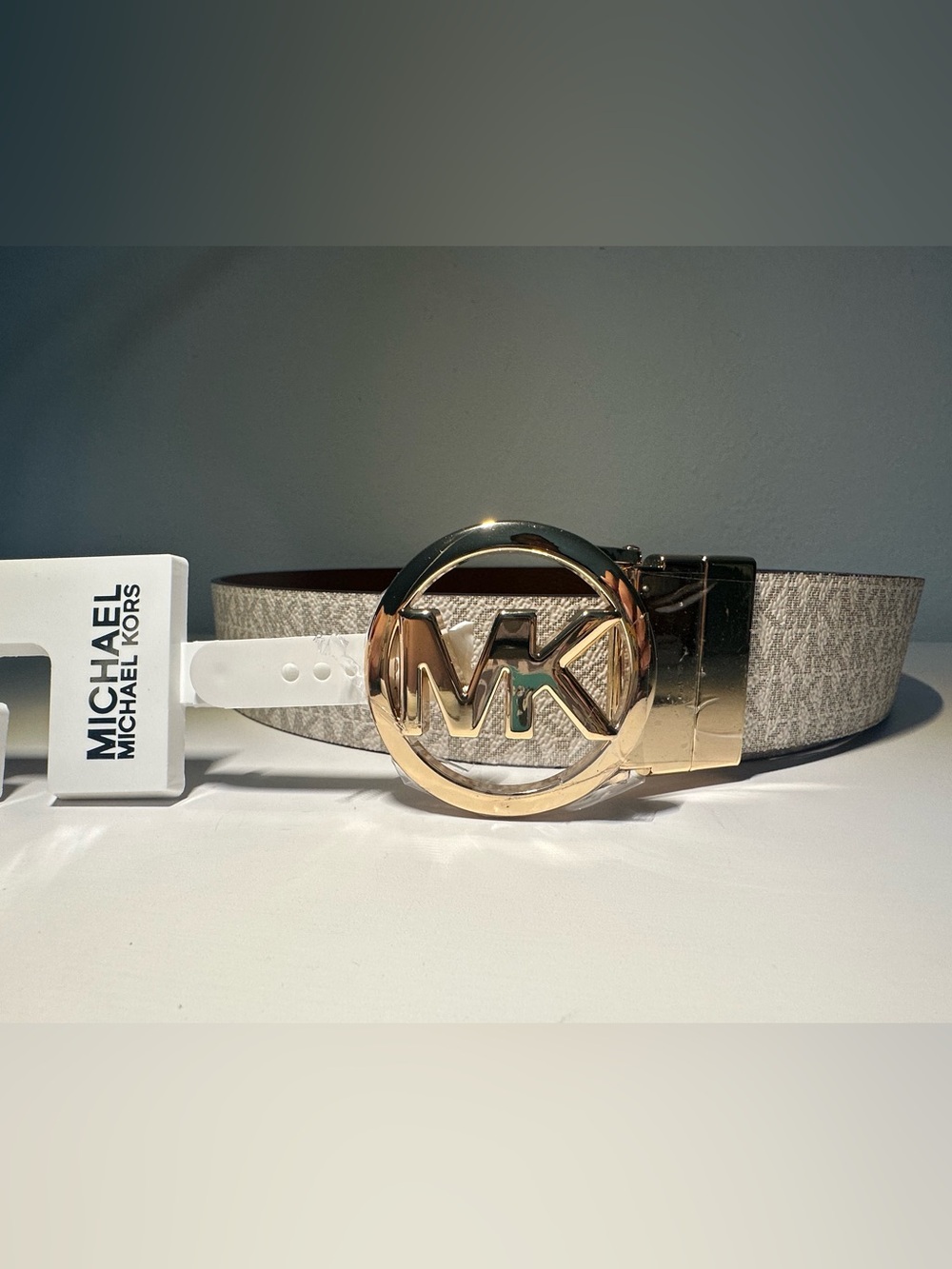 Michael Kors Gold MK Logo Buckle Belt Metallic Strap Size L reversible NWT